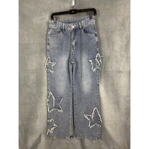 ROMWE Star Patch Jeans Size M/6 Blue High Rise Wide Leg Baggy Skater Y2K Grunge